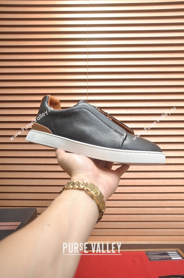 Zegna Mens Grained Leather Triple Stitch Sneakers Black/Brown 2025 (LJD-25081305)