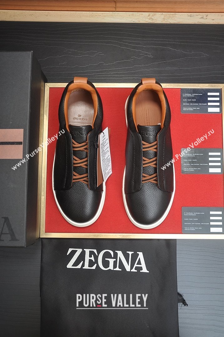 Zegna Mens Grained Leather Triple Stitch Sneakers Black/Brown 2025 (LJD-25081305)