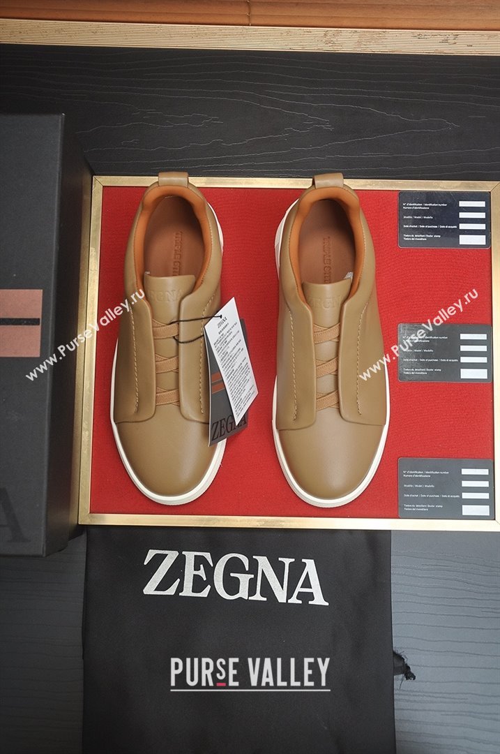 Zegna Mens Smooth Leather Triple Stitch Sneakers Brown 2025 (LJD-25081302)