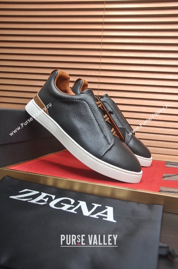 Zegna Mens Grained Leather Triple Stitch Sneakers Black/Brown 2025 (LJD-25081305)