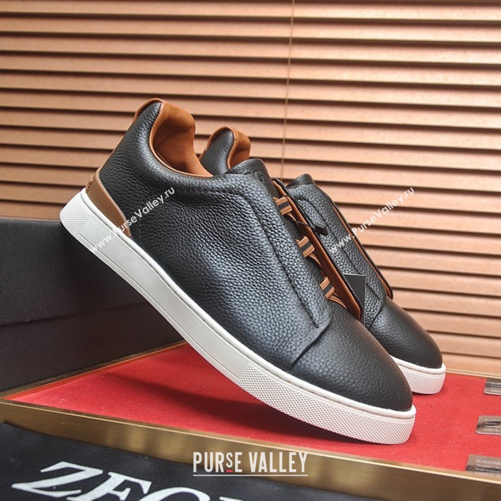 Zegna Mens Grained Leather Triple Stitch Sneakers Black/Brown 2025 (LJD-25081305)