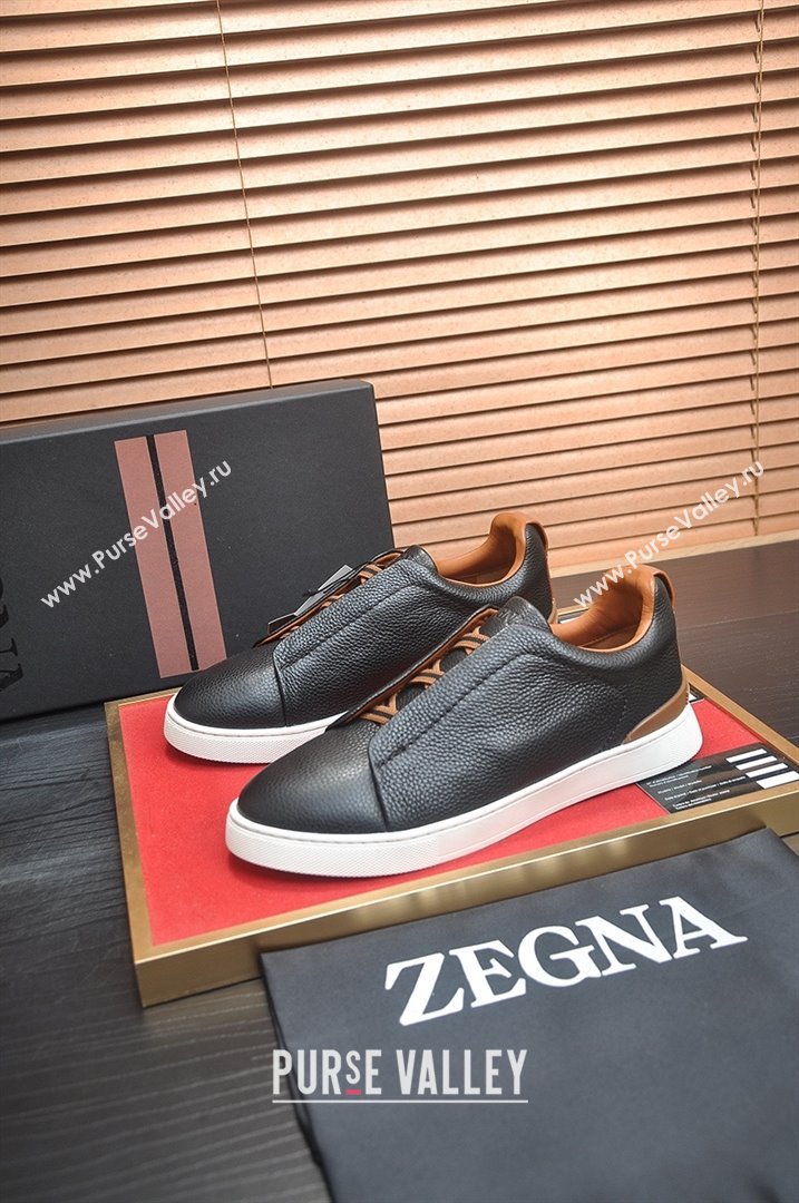 Zegna Mens Grained Leather Triple Stitch Sneakers Black/Brown 2025 (LJD-25081305)