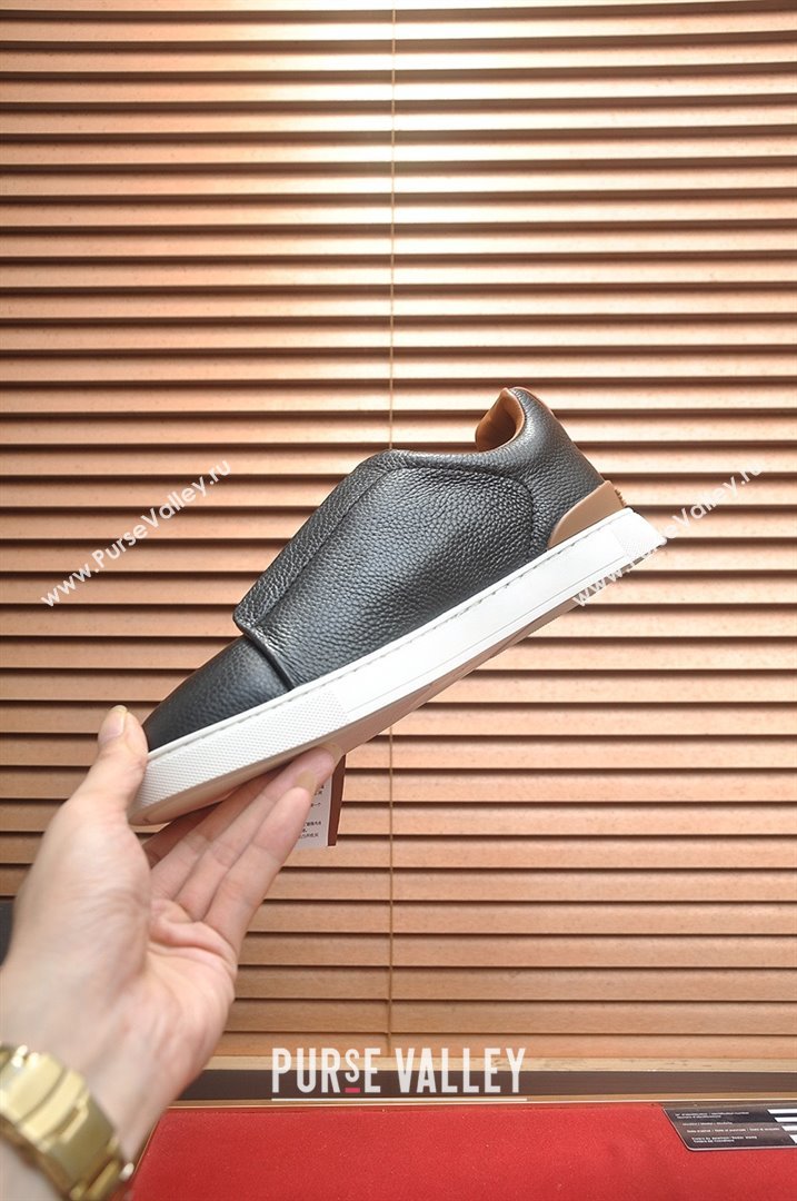 Zegna Mens Grained Leather Triple Stitch Sneakers Black/Brown 2025 (LJD-25081305)