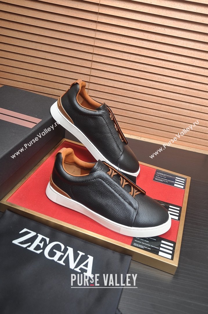 Zegna Mens Grained Leather Triple Stitch Sneakers Black/Brown 2025 (LJD-25081305)