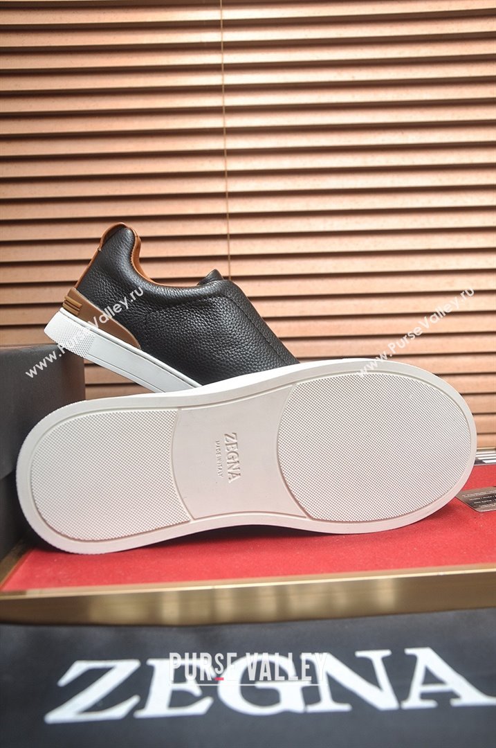 Zegna Mens Grained Leather Triple Stitch Sneakers Black/Brown 2025 (LJD-25081305)