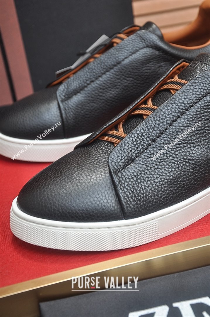 Zegna Mens Grained Leather Triple Stitch Sneakers Black/Brown 2025 (LJD-25081305)