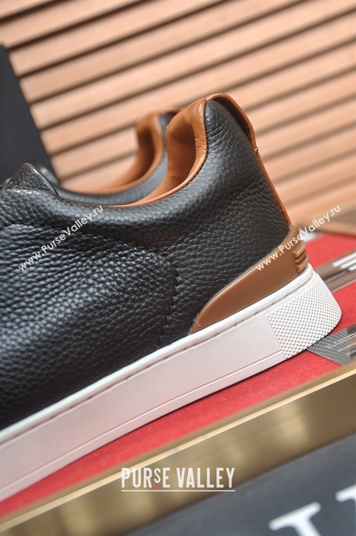 Zegna Mens Grained Leather Triple Stitch Sneakers Black/Brown 2025 (LJD-25081305)