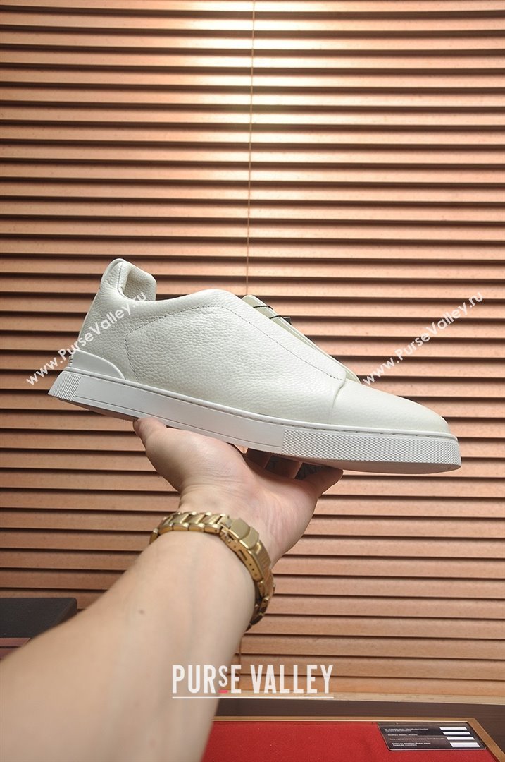 Zegna Mens Grained Leather Triple Stitch Sneakers White 2025 (LJD-25081307)