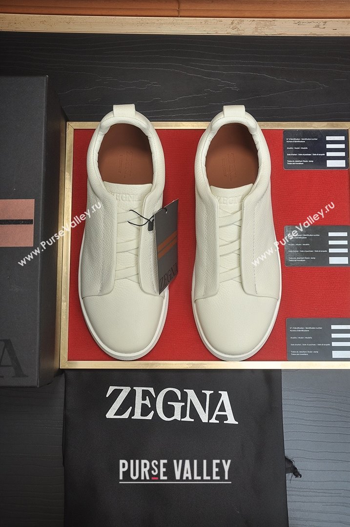 Zegna Mens Grained Leather Triple Stitch Sneakers White 2025 (LJD-25081307)