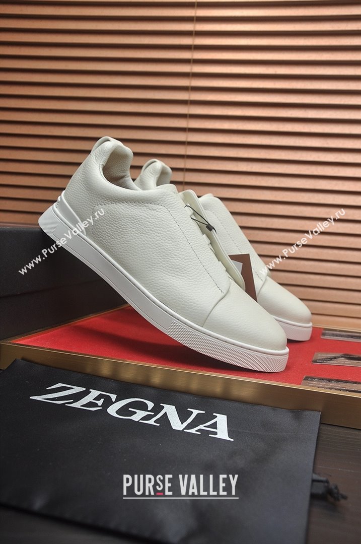 Zegna Mens Grained Leather Triple Stitch Sneakers White 2025 (LJD-25081307)