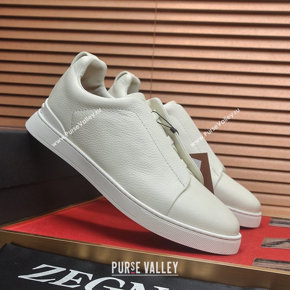 Zegna Mens Grained Leather Triple Stitch Sneakers White 2025 (LJD-25081307)