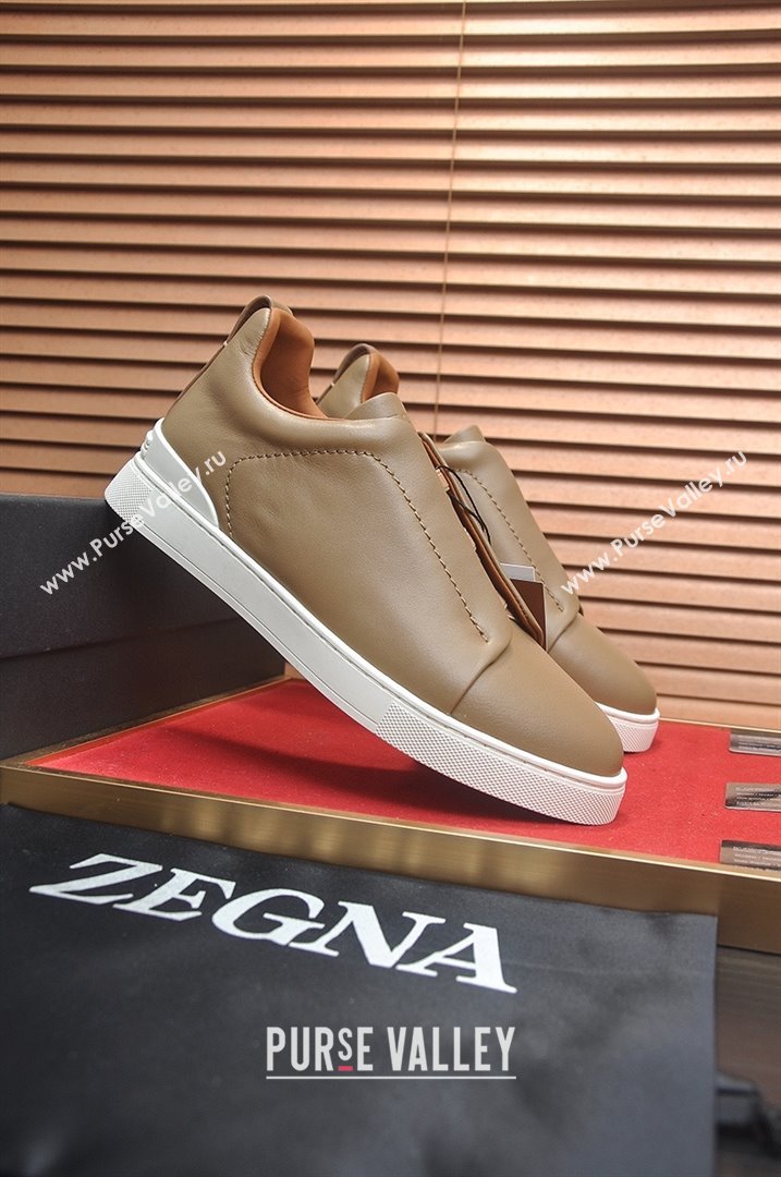Zegna Mens Smooth Leather Triple Stitch Sneakers Brown 2025 (LJD-25081302)