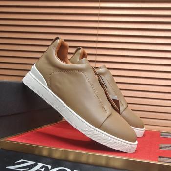 Zegna Mens Smooth Leather Triple Stitch Sneakers Brown 2025 (LJD-25081302)