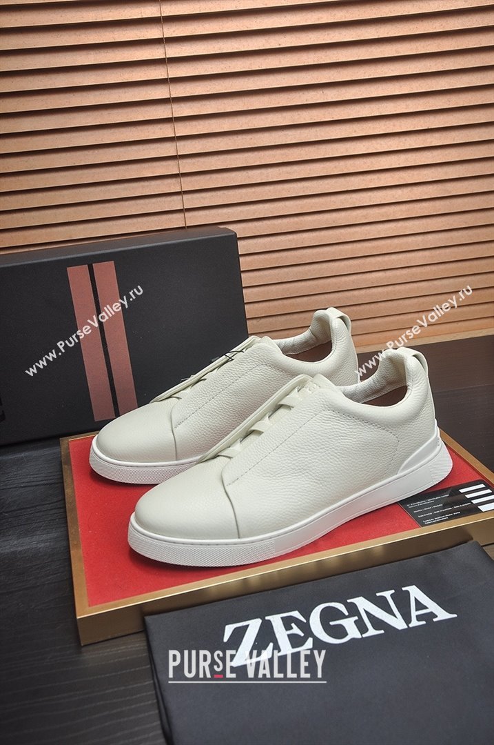 Zegna Mens Grained Leather Triple Stitch Sneakers White 2025 (LJD-25081307)