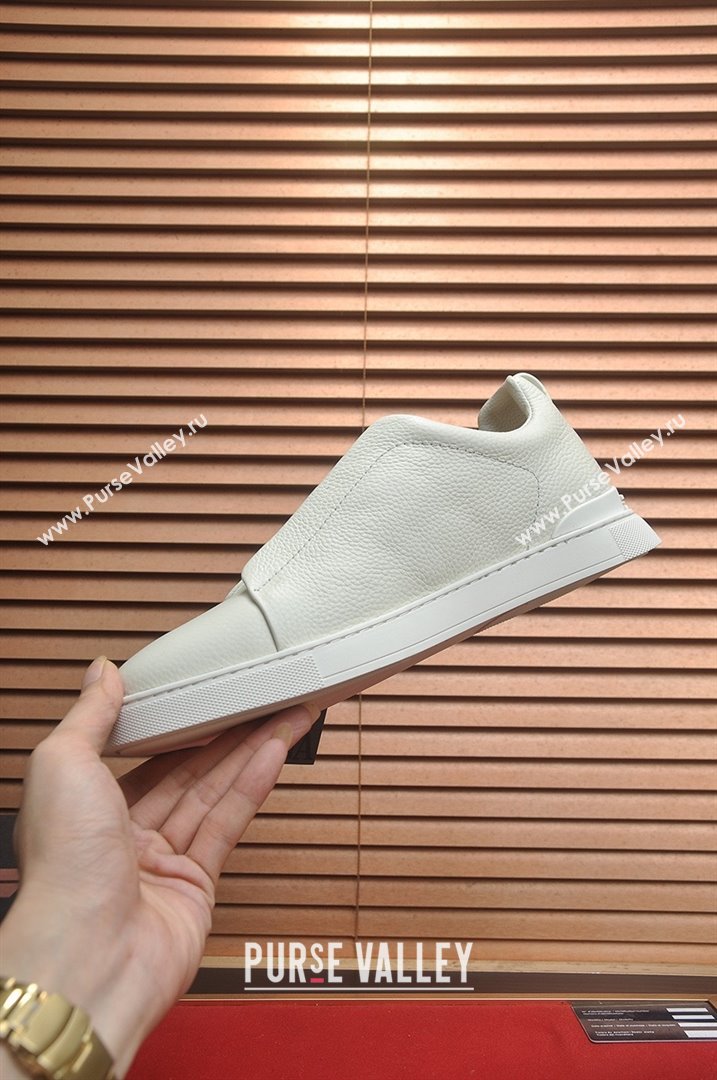 Zegna Mens Grained Leather Triple Stitch Sneakers White 2025 (LJD-25081307)