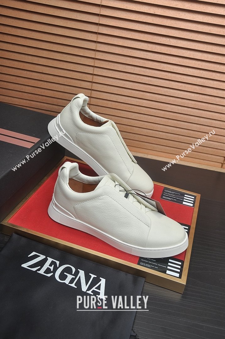 Zegna Mens Grained Leather Triple Stitch Sneakers White 2025 (LJD-25081307)