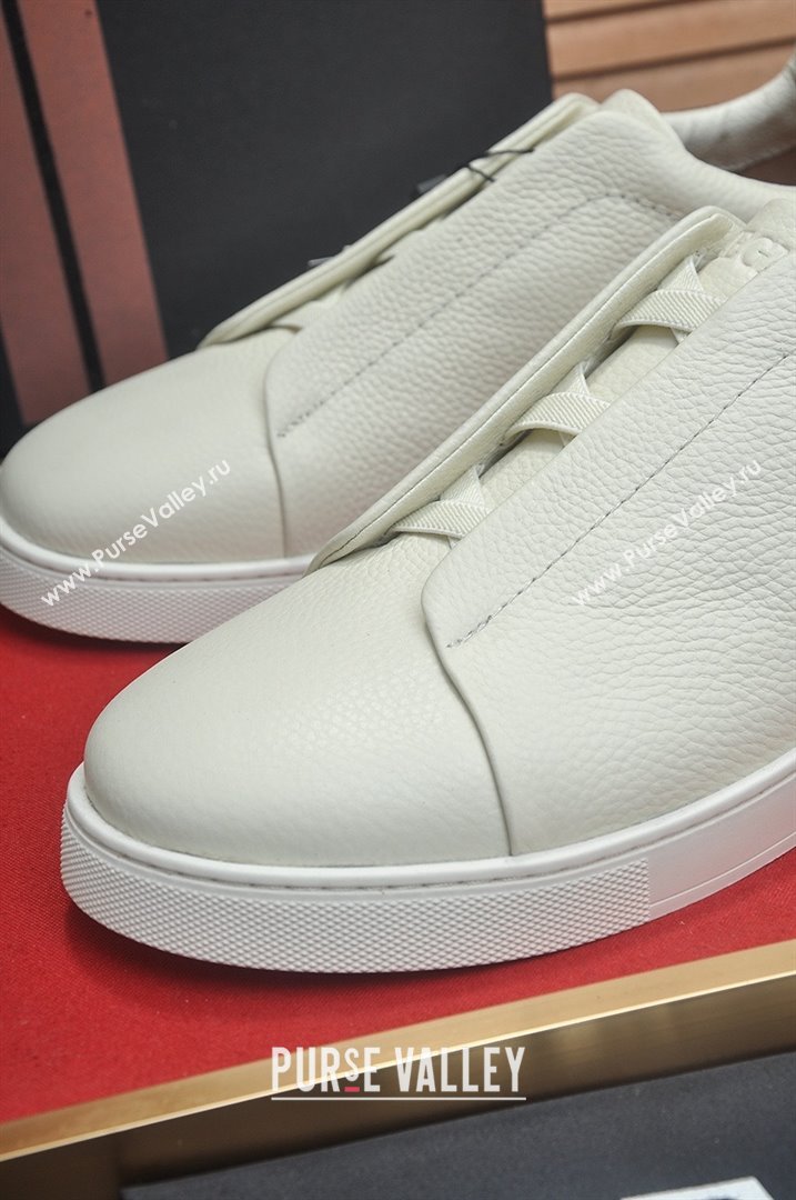 Zegna Mens Grained Leather Triple Stitch Sneakers White 2025 (LJD-25081307)