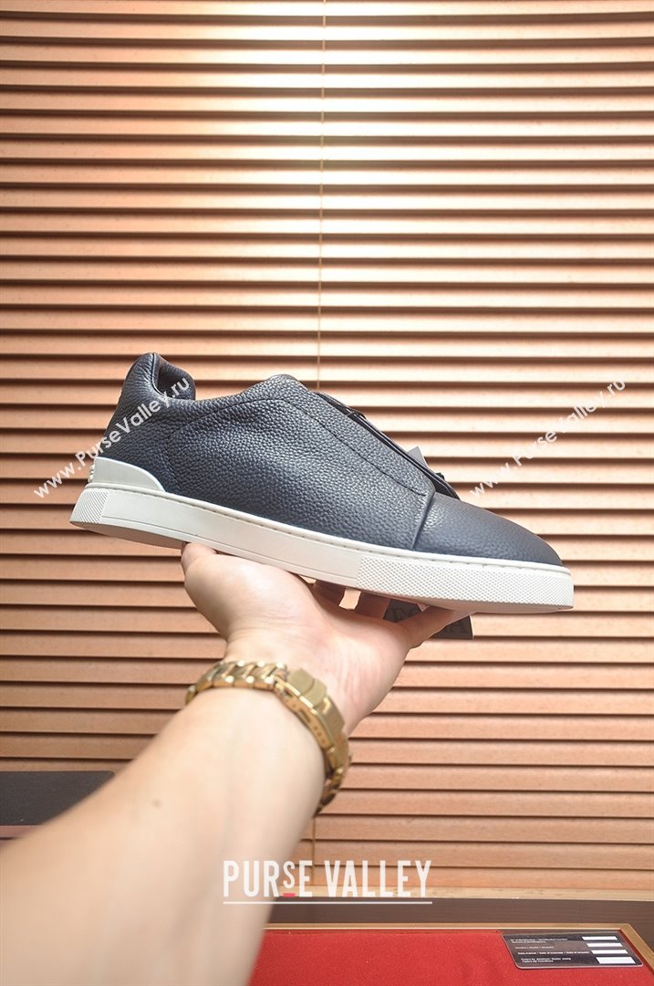 Zegna Mens Grained Leather Triple Stitch Sneakers Deep Blue 2025 (LJD-25081304)