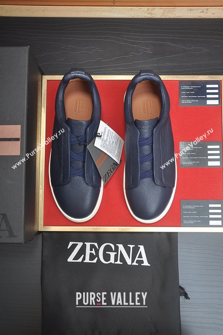 Zegna Mens Grained Leather Triple Stitch Sneakers Deep Blue 2025 (LJD-25081304)