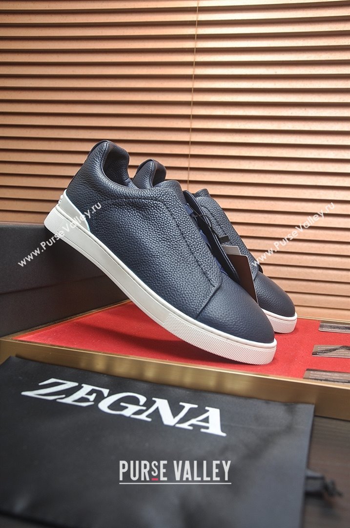 Zegna Mens Grained Leather Triple Stitch Sneakers Deep Blue 2025 (LJD-25081304)