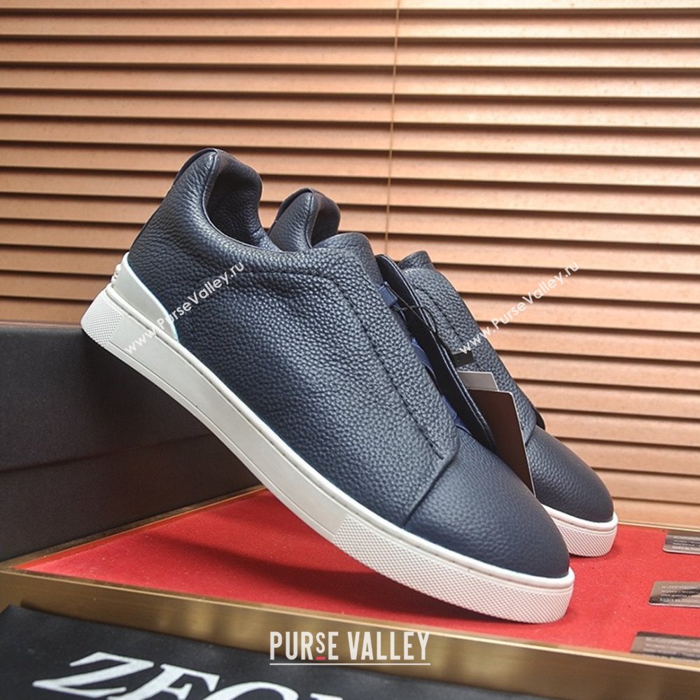 Zegna Mens Grained Leather Triple Stitch Sneakers Deep Blue 2025 (LJD-25081304)
