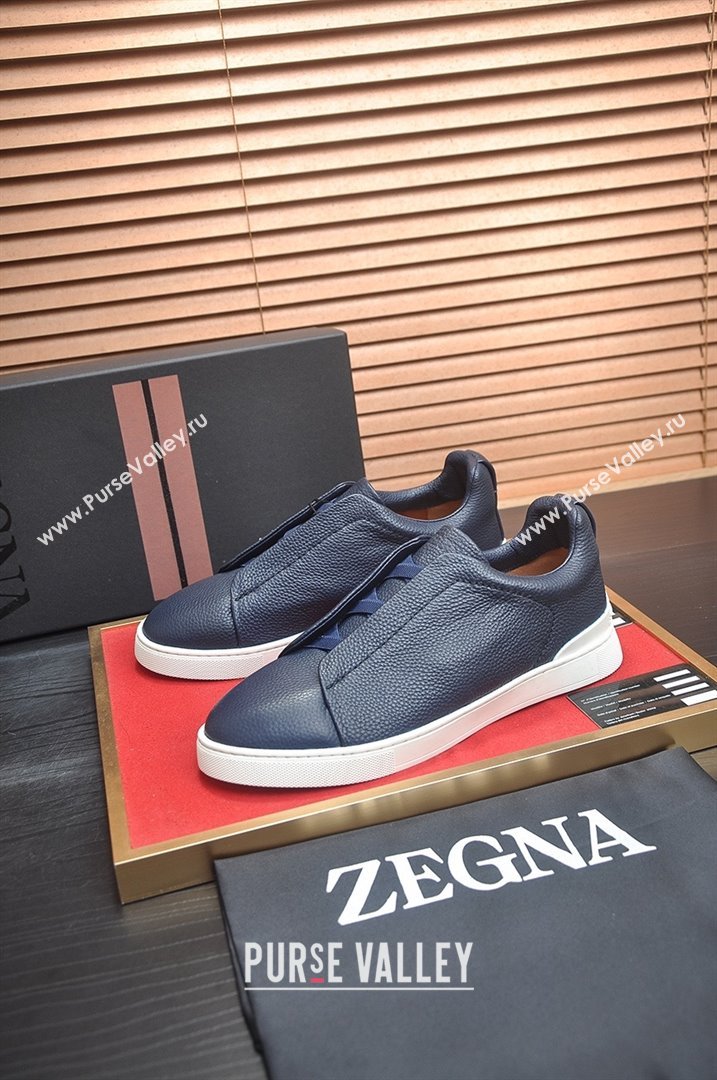 Zegna Mens Grained Leather Triple Stitch Sneakers Deep Blue 2025 (LJD-25081304)