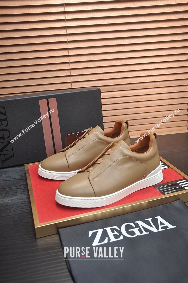 Zegna Mens Smooth Leather Triple Stitch Sneakers Brown 2025 (LJD-25081302)