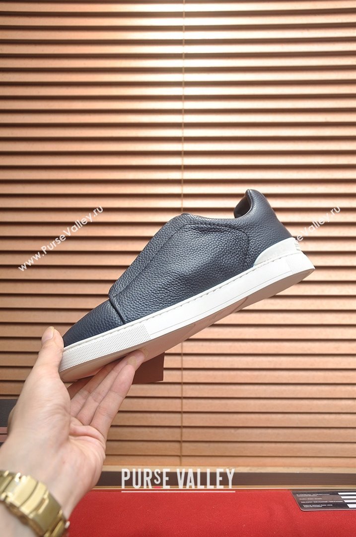 Zegna Mens Grained Leather Triple Stitch Sneakers Deep Blue 2025 (LJD-25081304)