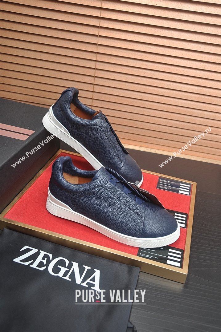 Zegna Mens Grained Leather Triple Stitch Sneakers Deep Blue 2025 (LJD-25081304)