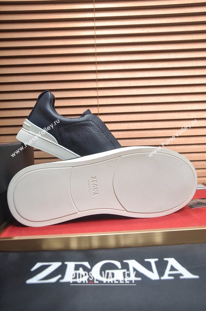 Zegna Mens Grained Leather Triple Stitch Sneakers Deep Blue 2025 (LJD-25081304)