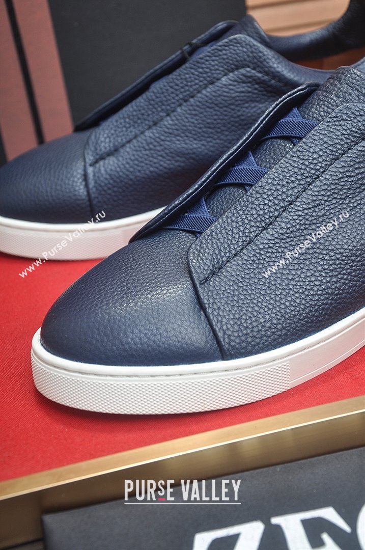 Zegna Mens Grained Leather Triple Stitch Sneakers Deep Blue 2025 (LJD-25081304)