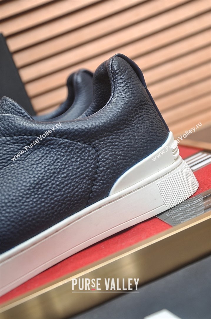 Zegna Mens Grained Leather Triple Stitch Sneakers Deep Blue 2025 (LJD-25081304)