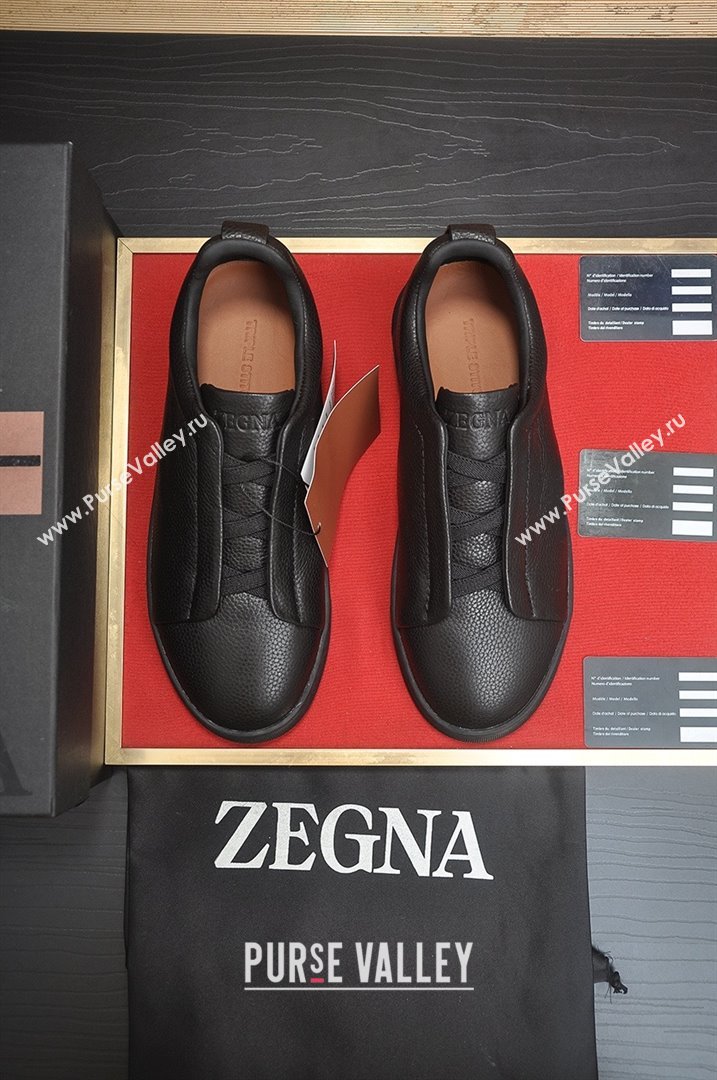 Zegna Mens Grained Leather Triple Stitch Sneakers Black 2025 (LJD-25081308)
