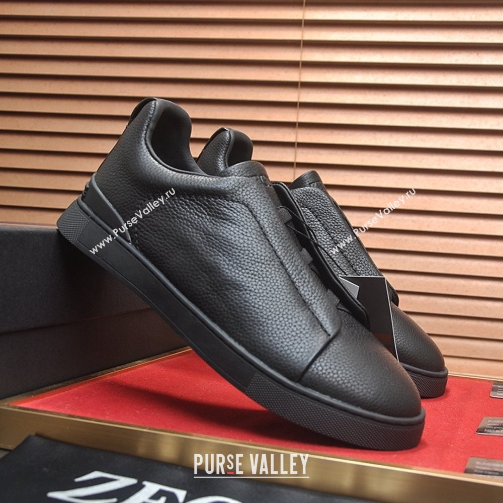 Zegna Mens Grained Leather Triple Stitch Sneakers Black 2025 (LJD-25081308)