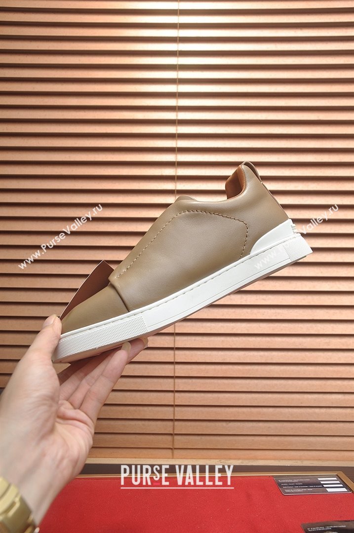 Zegna Mens Smooth Leather Triple Stitch Sneakers Brown 2025 (LJD-25081302)