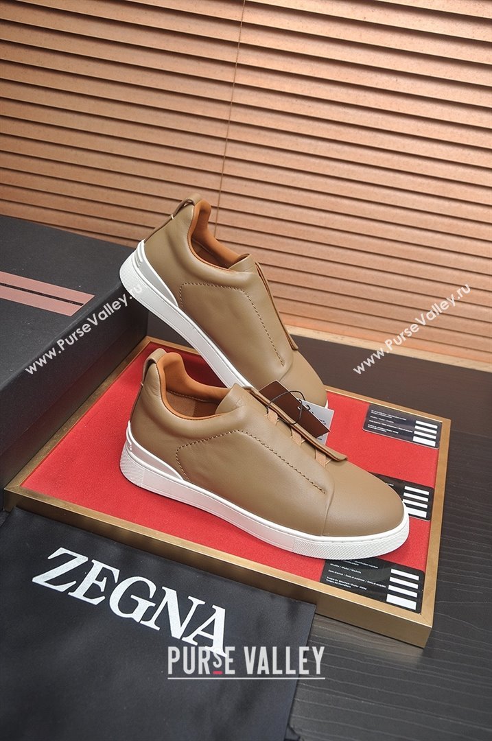 Zegna Mens Smooth Leather Triple Stitch Sneakers Brown 2025 (LJD-25081302)
