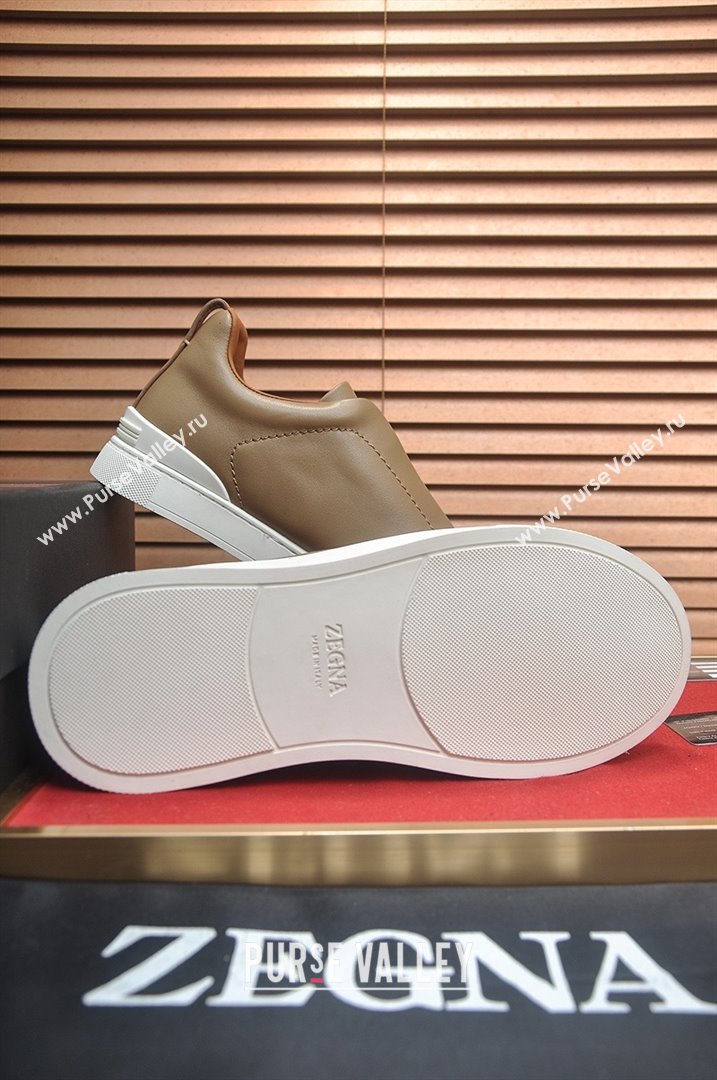 Zegna Mens Smooth Leather Triple Stitch Sneakers Brown 2025 (LJD-25081302)