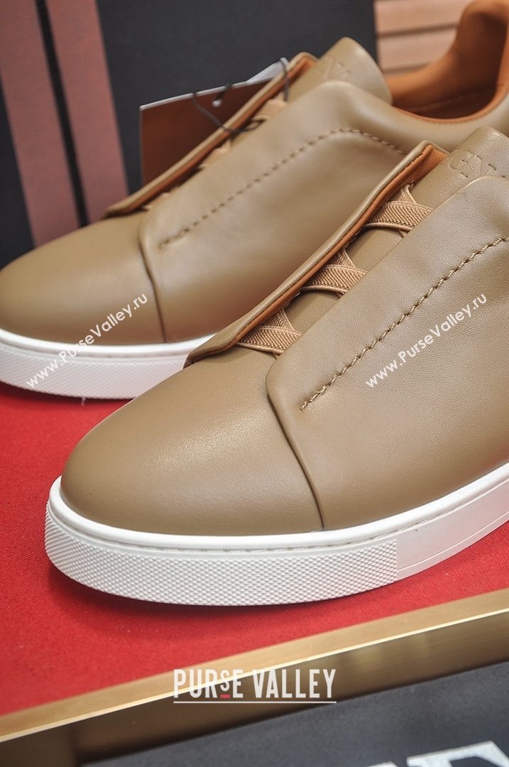 Zegna Mens Smooth Leather Triple Stitch Sneakers Brown 2025 (LJD-25081302)