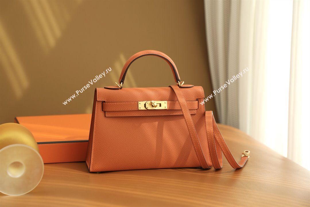 Hermes Mini Kelly II Handbag in Original Epsom Leather Classic Orange/Gold (Full Handmade) (AYA-25081819)