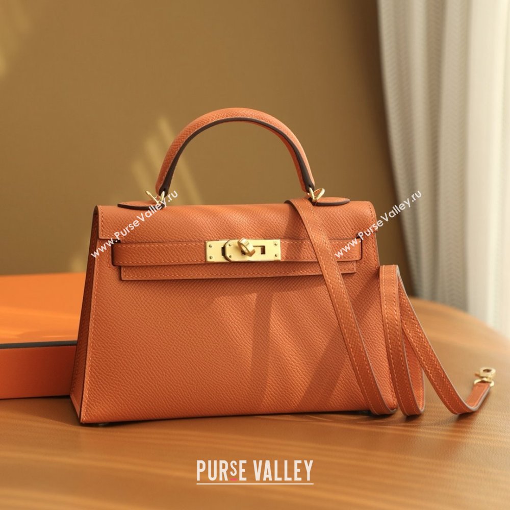 Hermes Mini Kelly II Handbag in Original Epsom Leather Classic Orange/Gold (Full Handmade) (AYA-25081819)