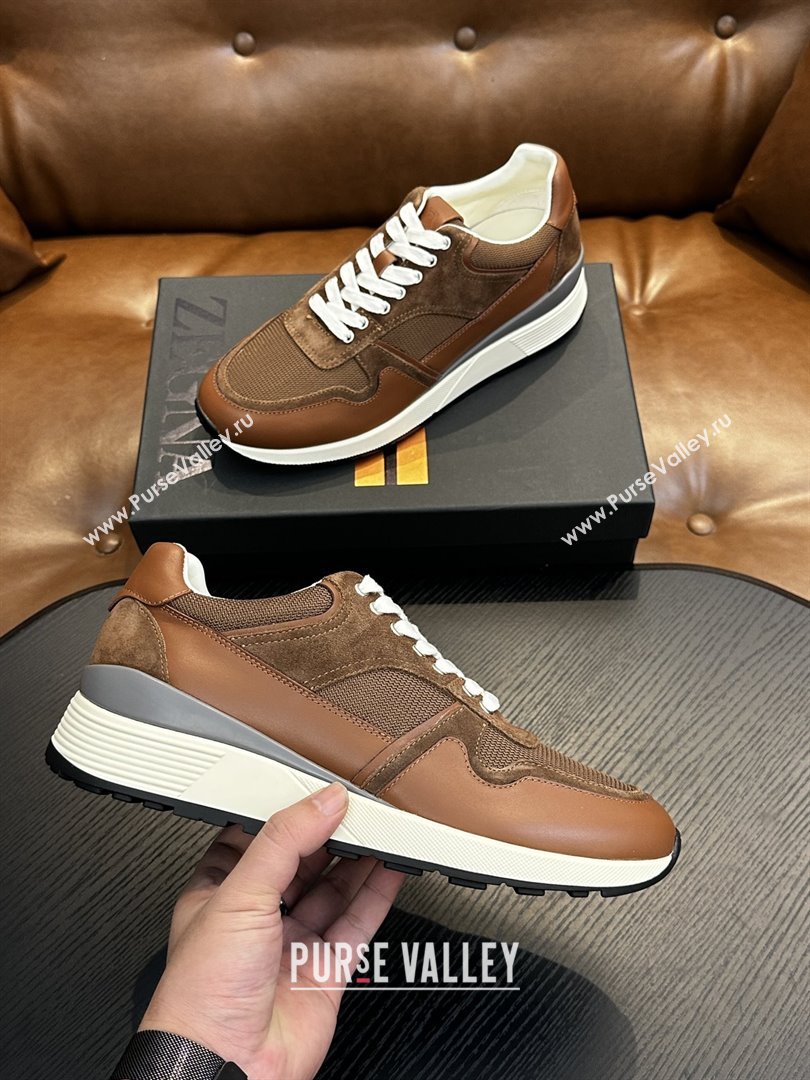 Zegna Mesh Calfskin Mens Sneakers Z81909 Brown 2025 (SHH-25081918)