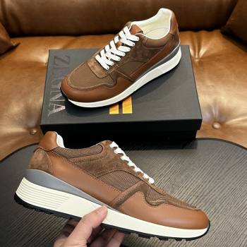 Zegna Mesh Calfskin Mens Sneakers Z81909 Brown 2025 (SHH-25081918)