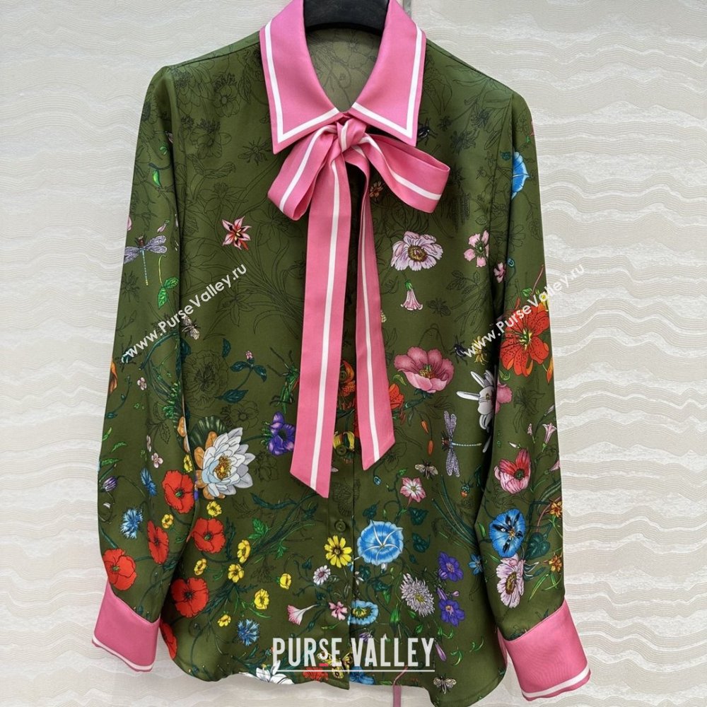 Gucci Printed Silk Shirt G090107 Pink/Green 2025 (Q-25090107)