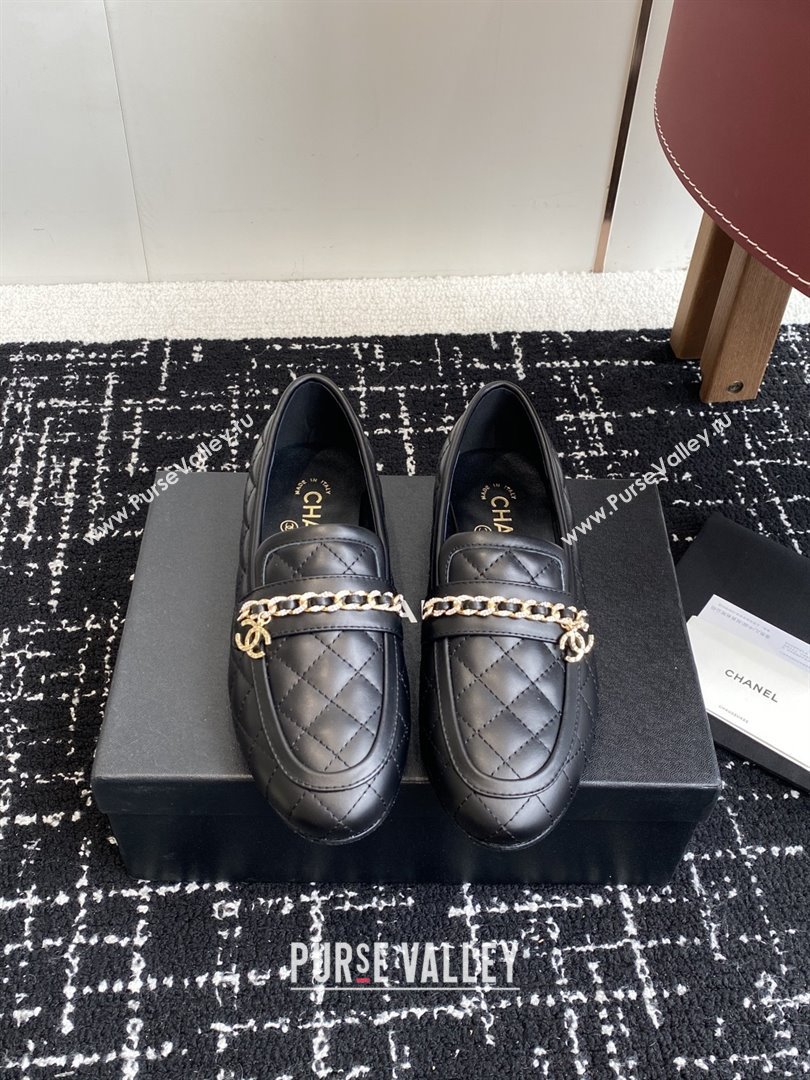 Chanel Diamond-Quilted Calfskin Loafers with Chain CH9332 Black 2025 (KL-25090332)