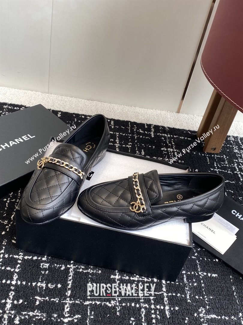 Chanel Diamond-Quilted Calfskin Loafers with Chain CH9332 Black 2025 (KL-25090332)