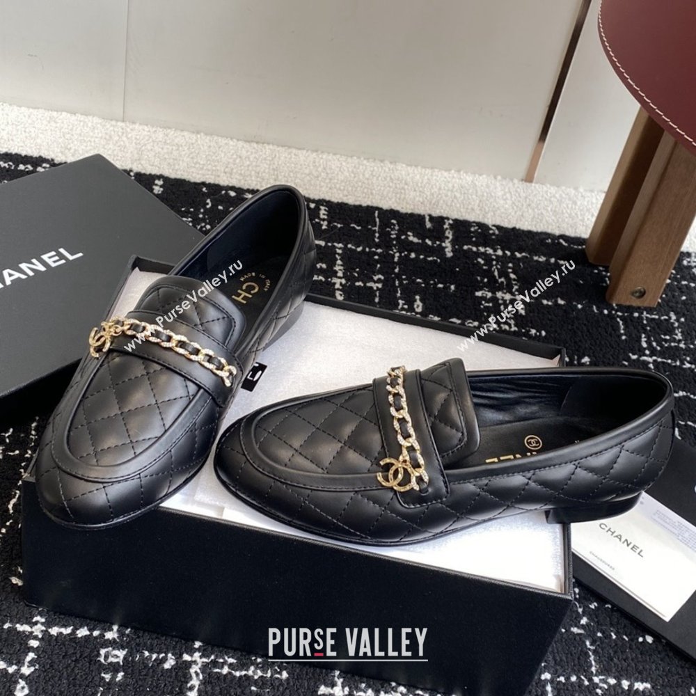 Chanel Diamond-Quilted Calfskin Loafers with Chain CH9332 Black 2025 (KL-25090332)
