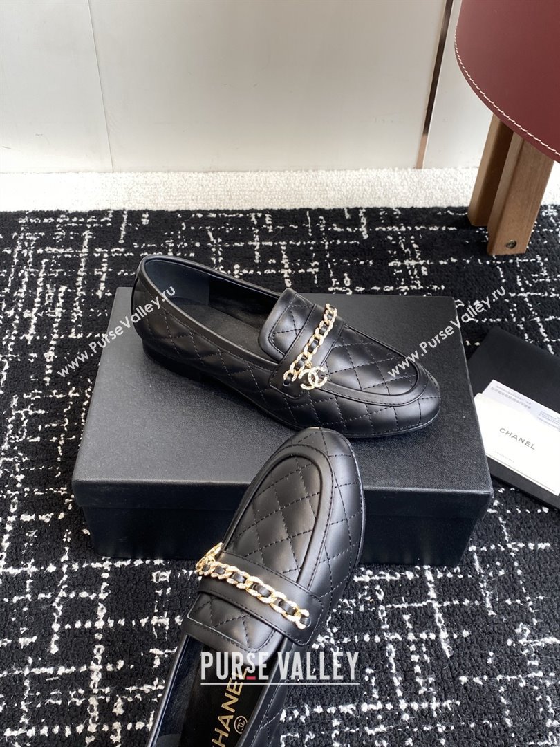 Chanel Diamond-Quilted Calfskin Loafers with Chain CH9332 Black 2025 (KL-25090332)