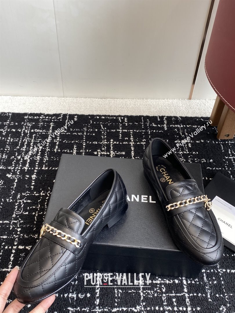 Chanel Diamond-Quilted Calfskin Loafers with Chain CH9332 Black 2025 (KL-25090332)