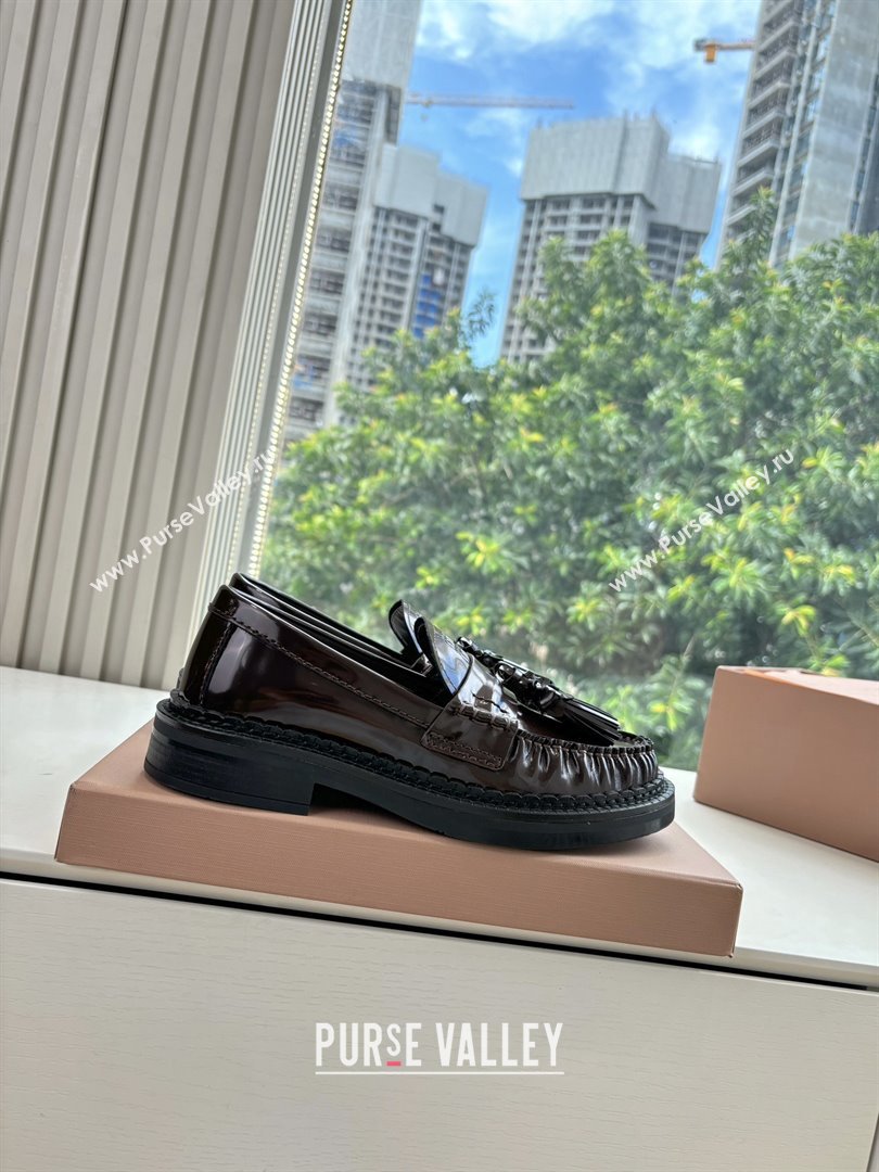 Miu Miu Shiny Calfskin Loafers with Tassel Dark Brown 2025 (MD-25090601)