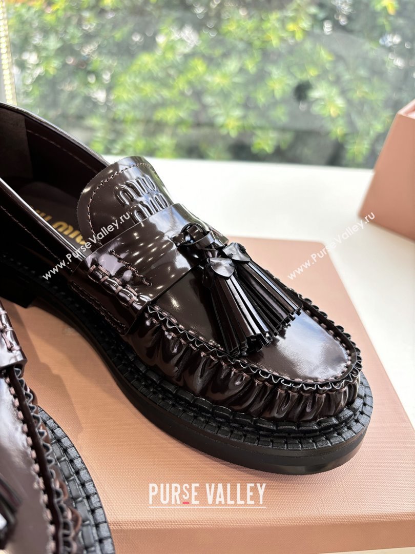 Miu Miu Shiny Calfskin Loafers with Tassel Dark Brown 2025 (MD-25090601)